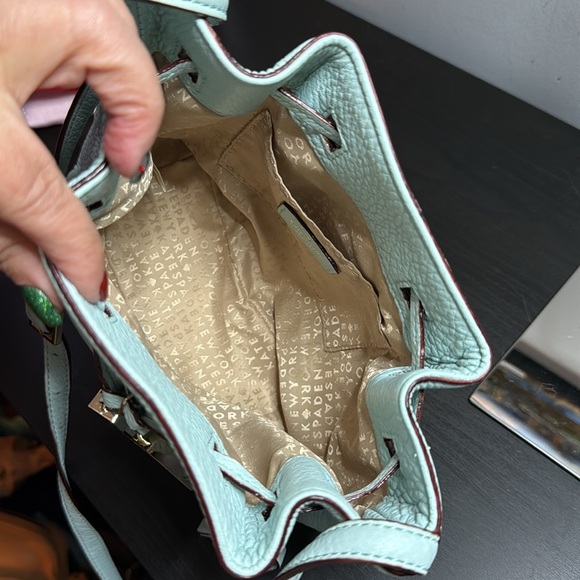 Kate Spade Copper Drawstring Bucket Bag Small Crossbody Strap Lined Light Blue - Picture 8 of 11